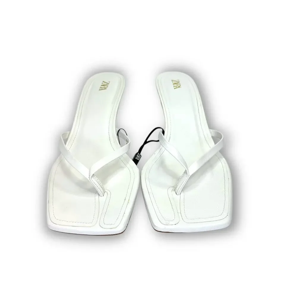Zara Strappy Toe Post Heeled Leather Sandals Size EU 41 US 10 White Square Toe - Picture 6 of 14
